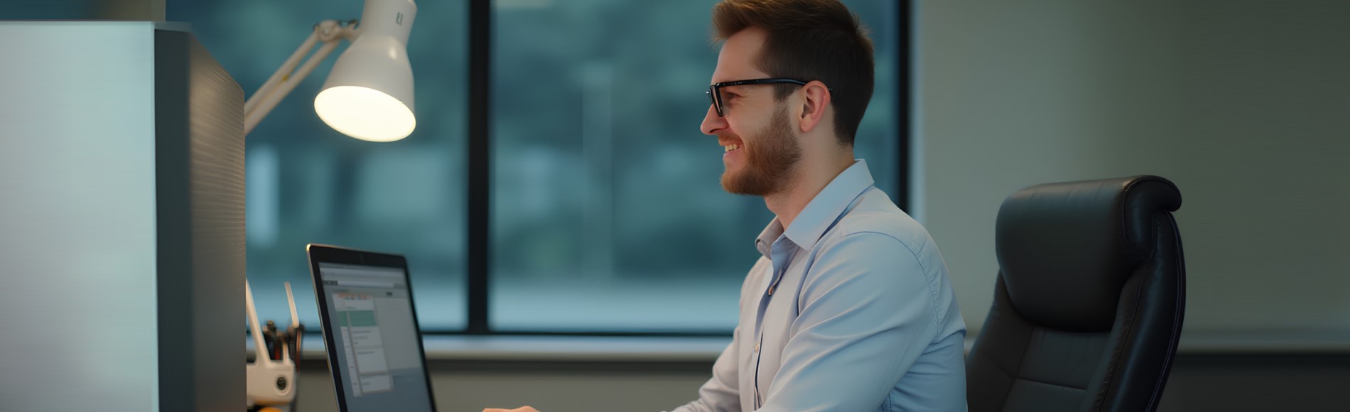 Ein lächelnder Mann sitzt an einem Schreibtisch und arbeitet am Computer, mit einer Lampe über ihm.