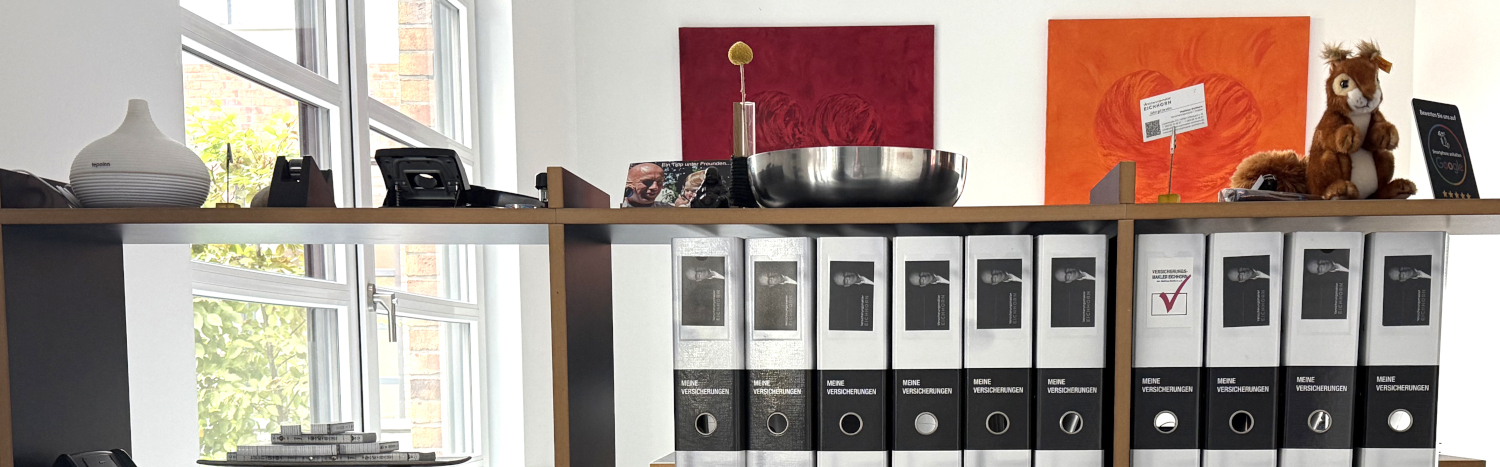 Ein Regal mit Aktenordnern, einem Tischgerät, einer dekorativen Vase, Kunstwerken an der Wand, einem Kissen und einem Plüschsquirrel.